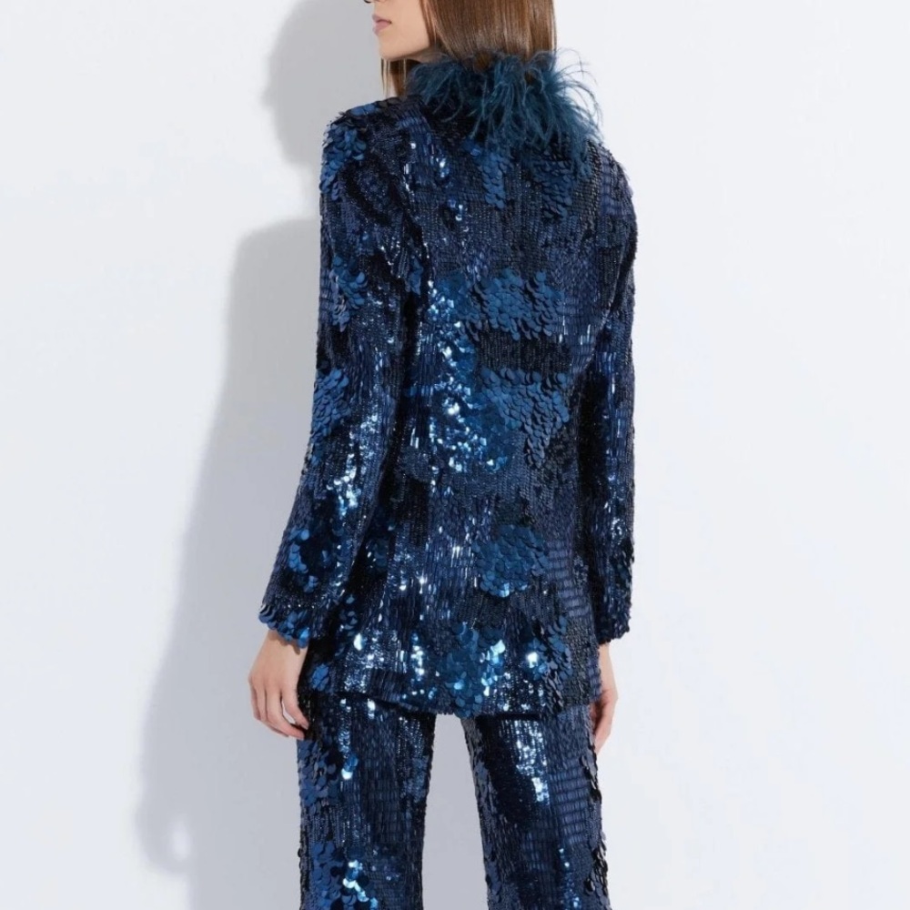 LAPOINTE Blue Blazer Patchwork Sequin Feather Trim Blazer - Picture 5 of 13